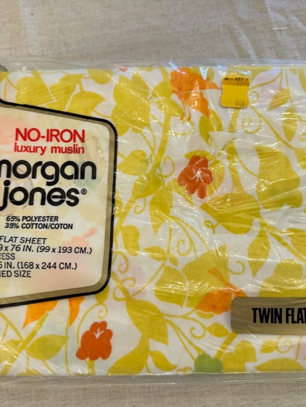 Vintage Morgan Jones No Iron Luxury Muslin Twin Flat Sheet Yellow White Floral